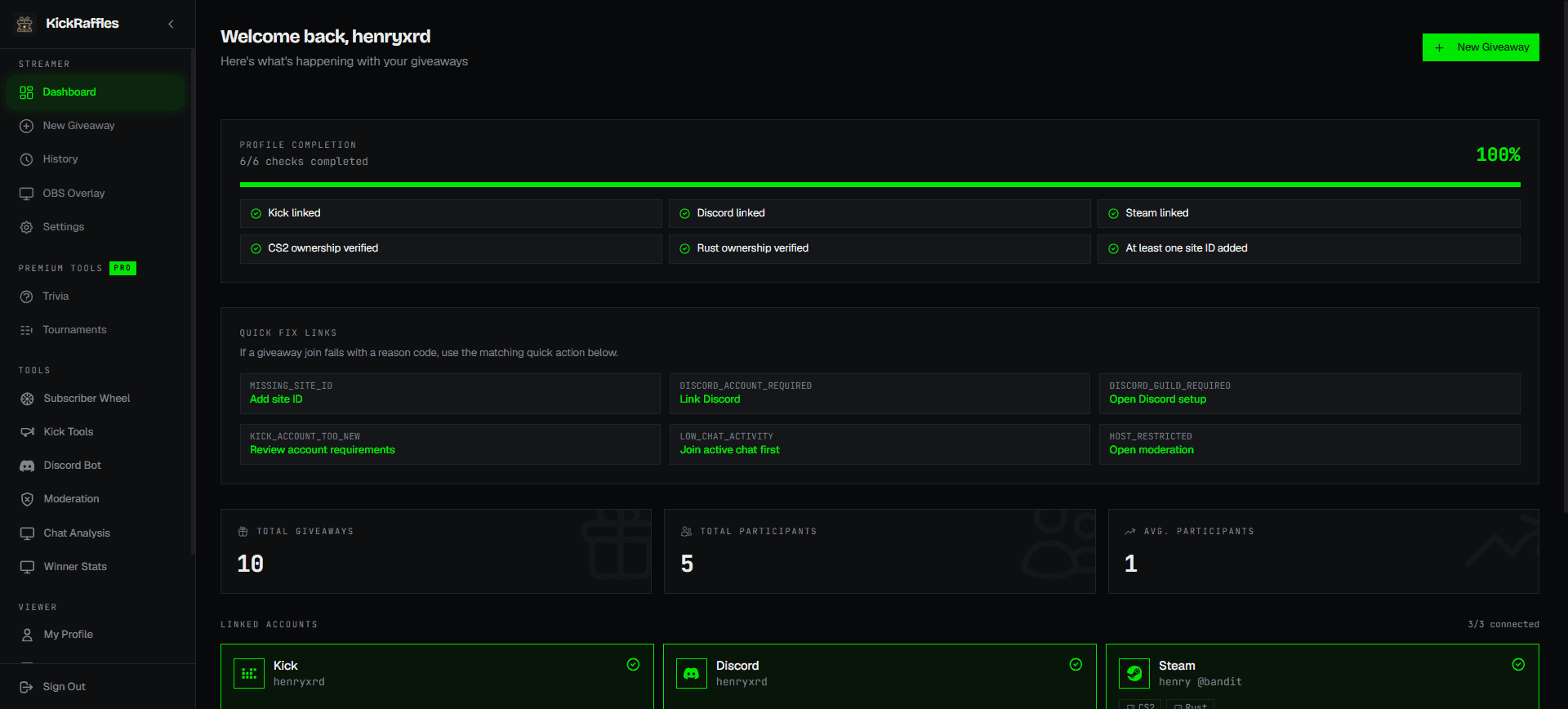 KickRaffles streamer dashboard