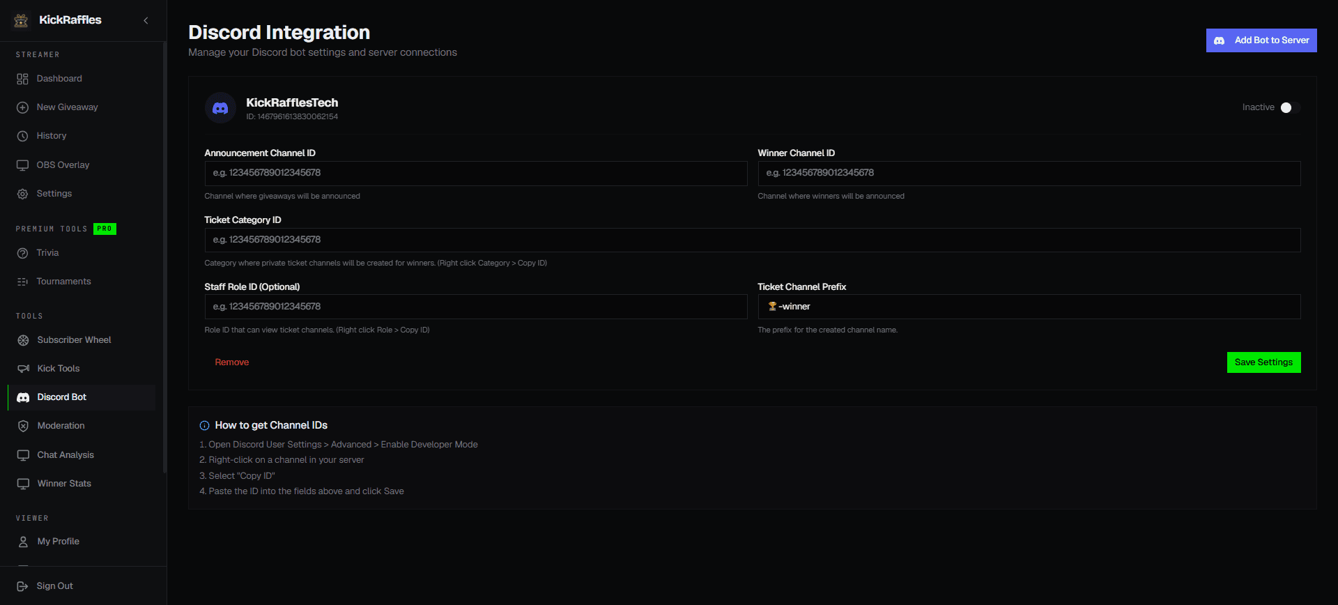 Discord bot integration settings