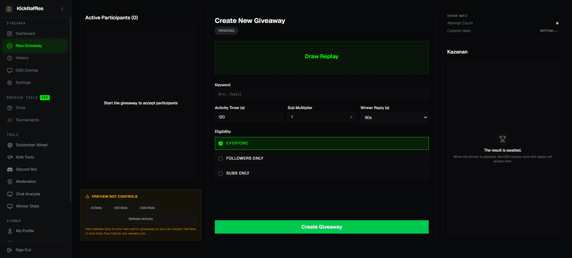 Create a new giveaway with a live draw replay