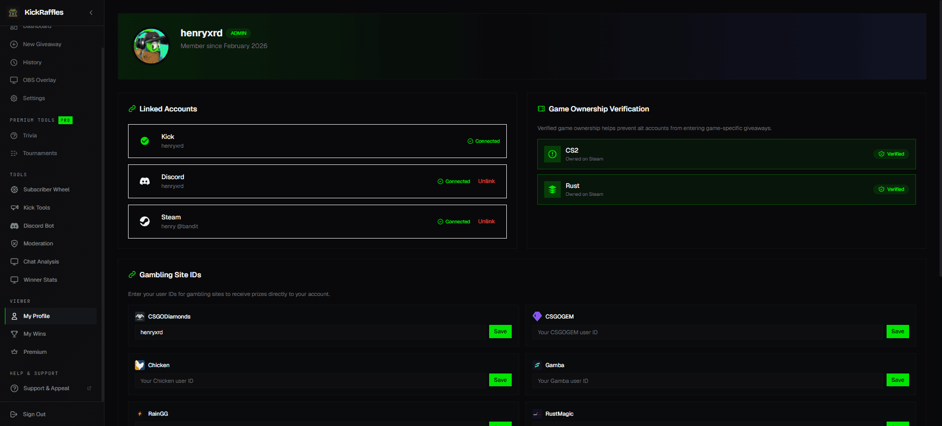 Gambling site ID linking in the profile