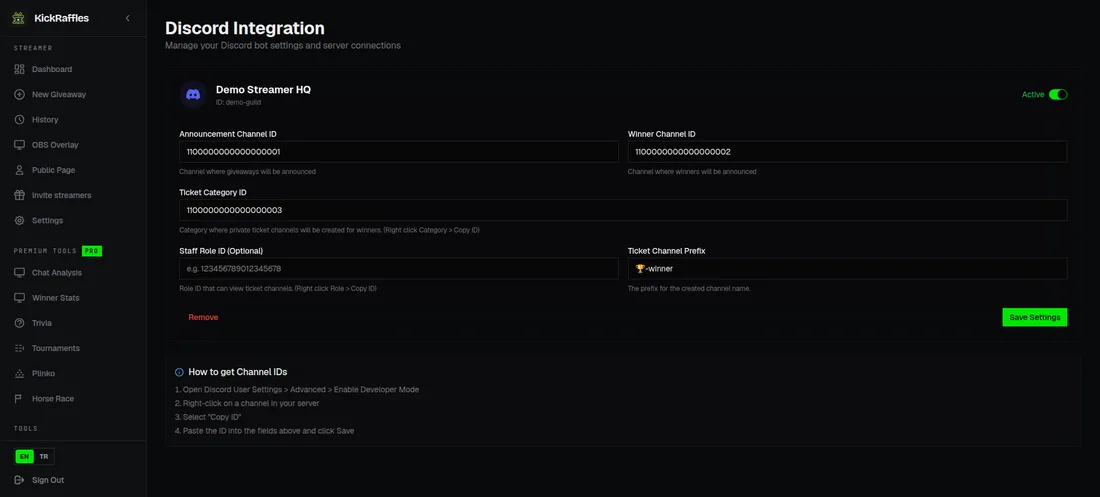 Discord integration settings for announcements and prize tickets