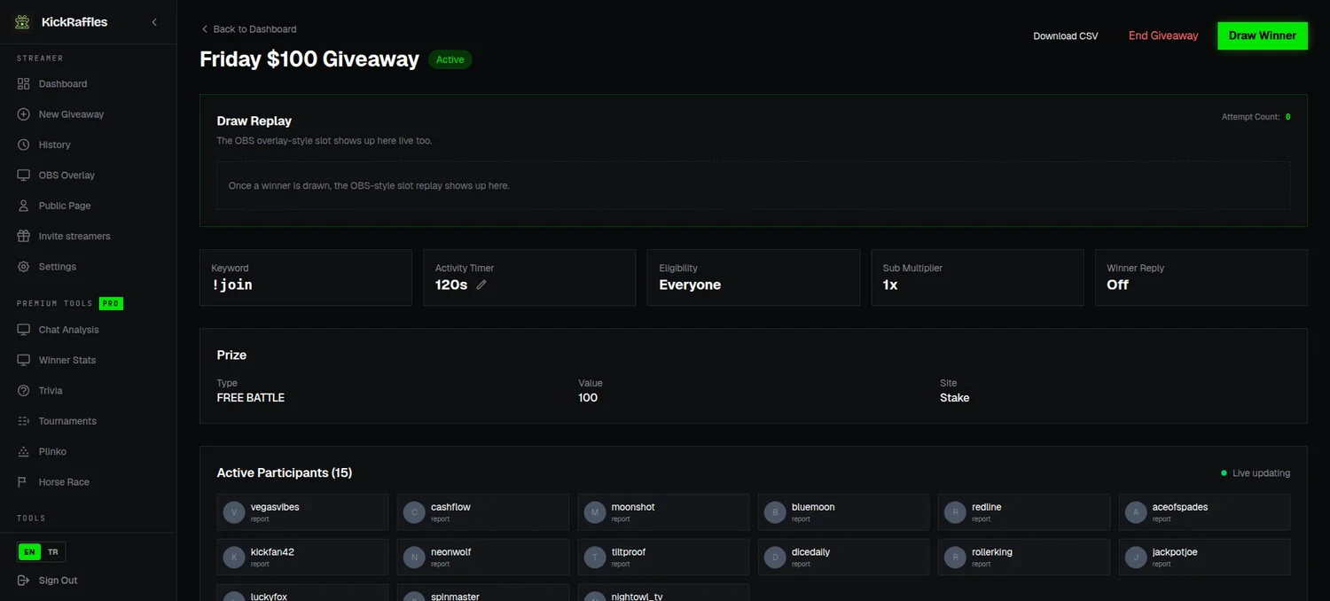 A live giveaway in the KickRaffles dashboard: keyword, prize, participant list and the Draw Winner button