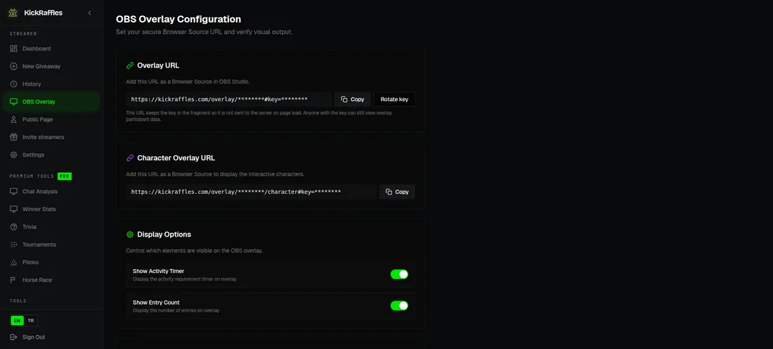 OBS overlay settings with the browser source URL